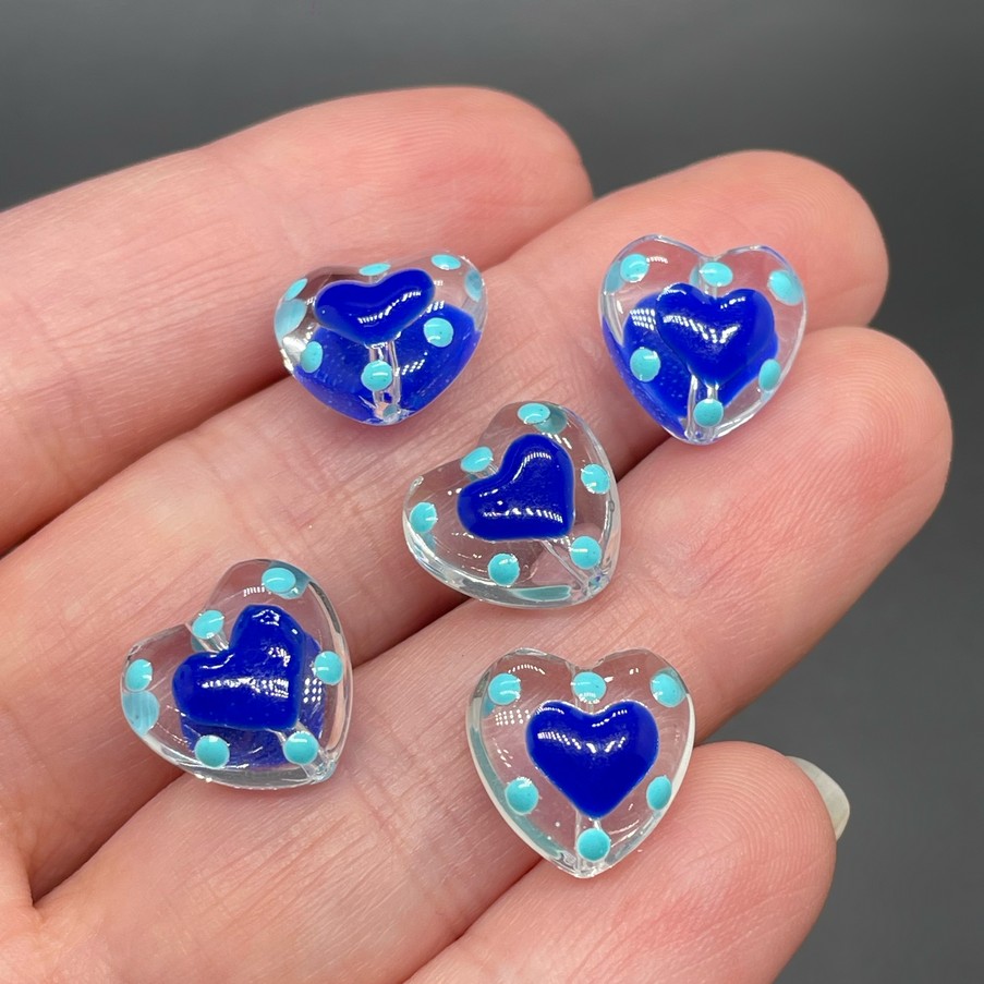 13,5 мм, Стекло бусина сердце с синим сердечком точки уп.5 шт