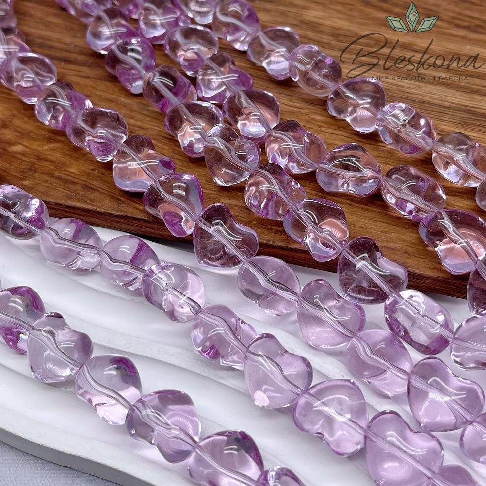15*13 мм Бусины сердце, цвет бледно- фиолетовый, стекло