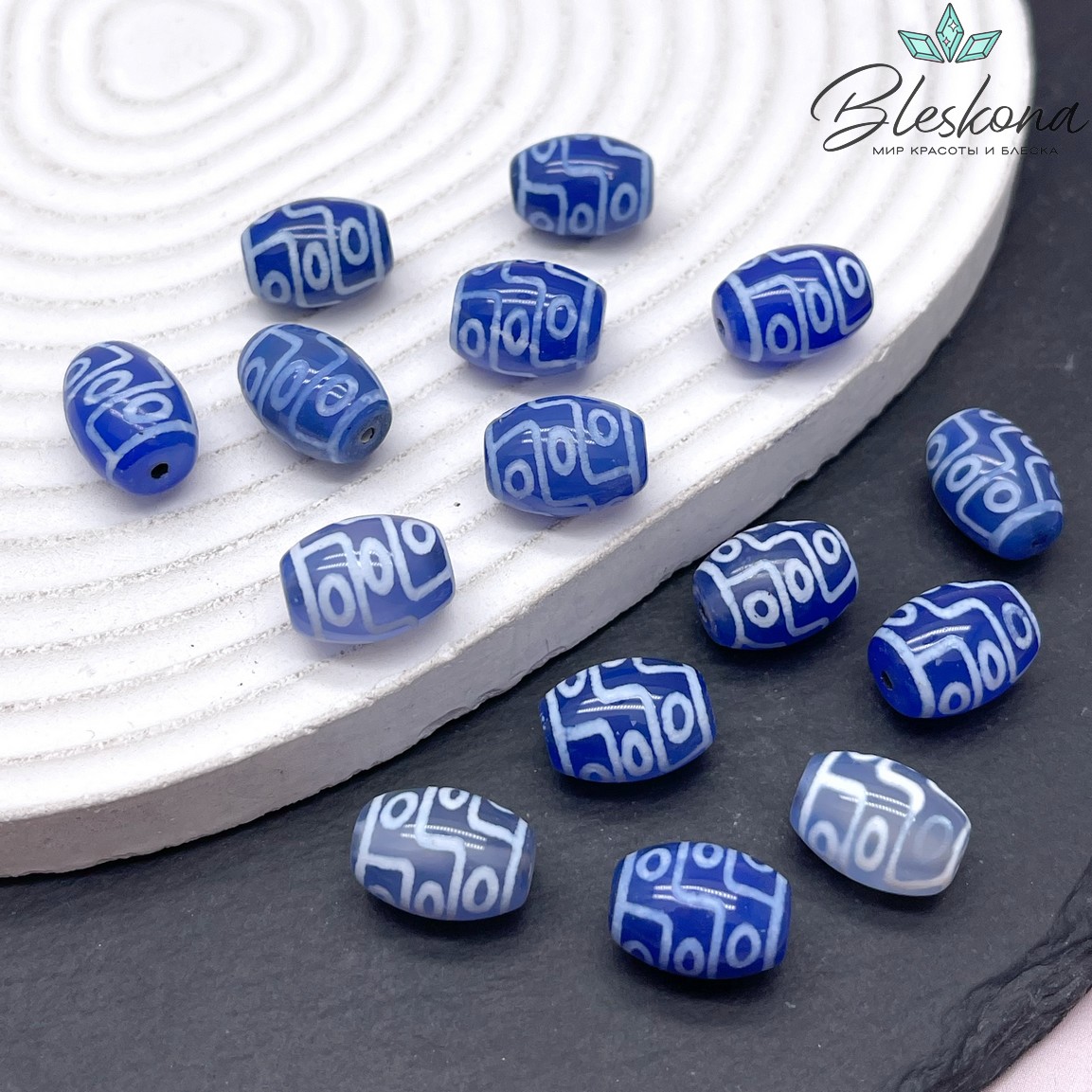Бусина Дзи 9 глаз сине-белый бочонок 10*14 мм