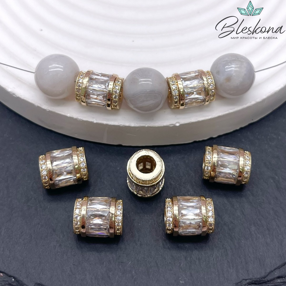 12*9,5 мм,цвет золото,Бусина цилиндр с цирконами