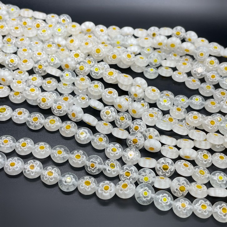 Муранское стекло белое круг цветок желтый 8 мм