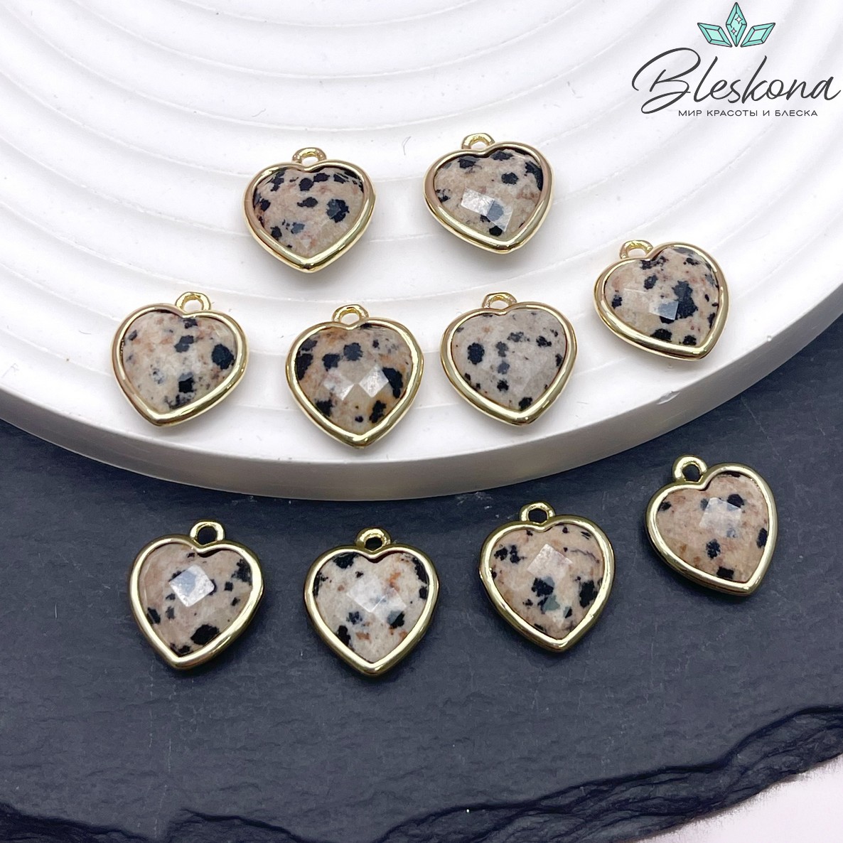 12*13мм,Цвет золото,Подвеска Сердце Далматиновая Яшма огранка