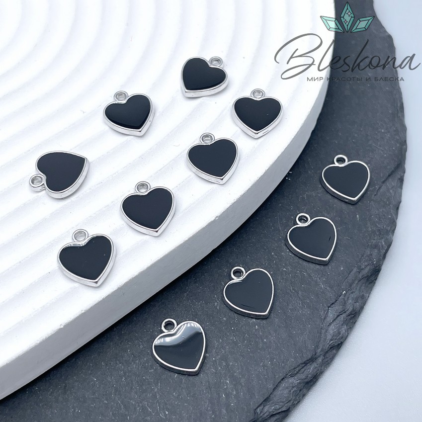11*10 мм Цвет серебро, Подвеска сердце черная эмаль 
