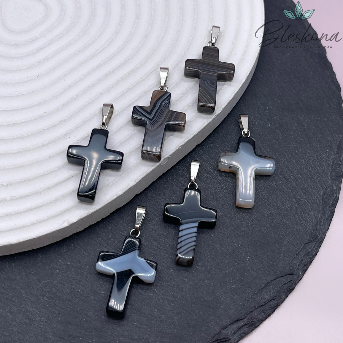 Подвеска крест Агат черный с прожилками, цвет серебро 28*18 мм