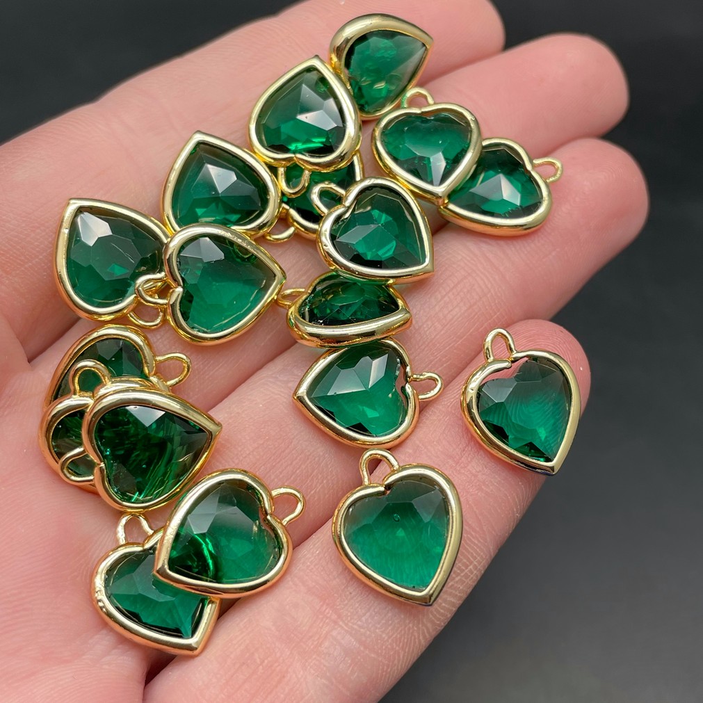 12 мм, Цвет золото, Подвеска сердце стекло зеленое