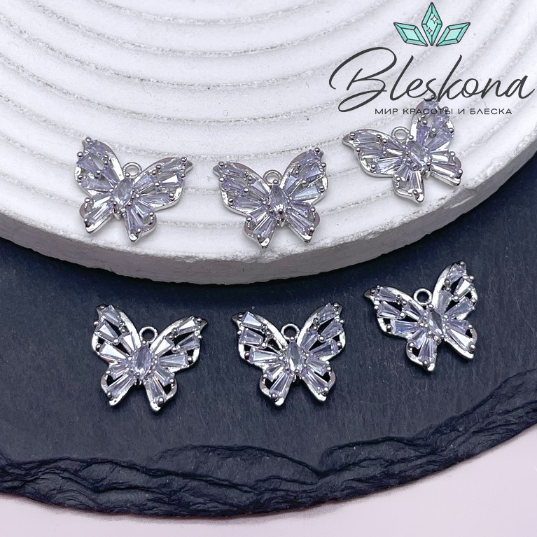 14*15,8 мм Цвет серебро, Подвеска Бабочка сиреневые цирконы 