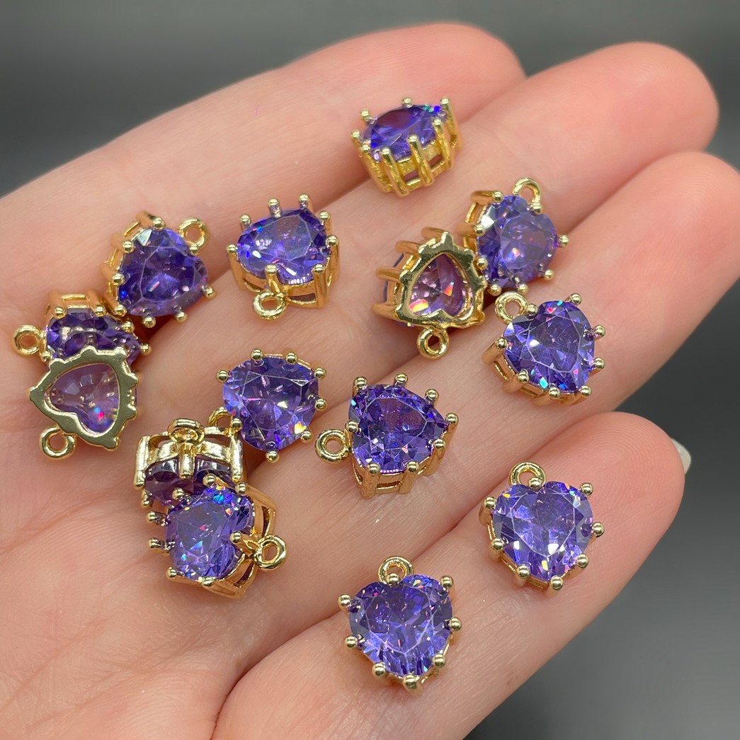 9 мм, Цвет золото, Подвеска сердце стекло фиолетовое