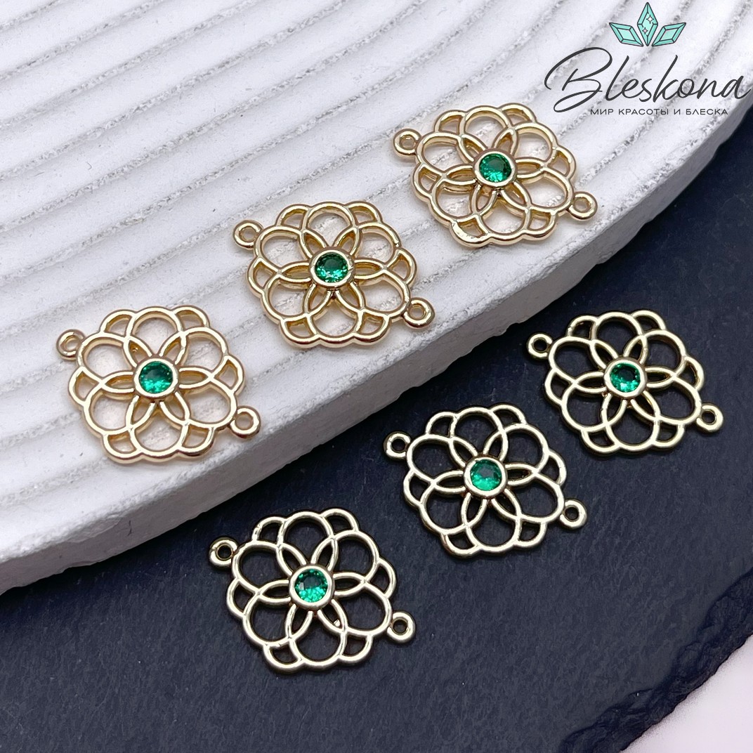 19,7*15 мм Цвет золото, Коннектор цветок зеленый циркон