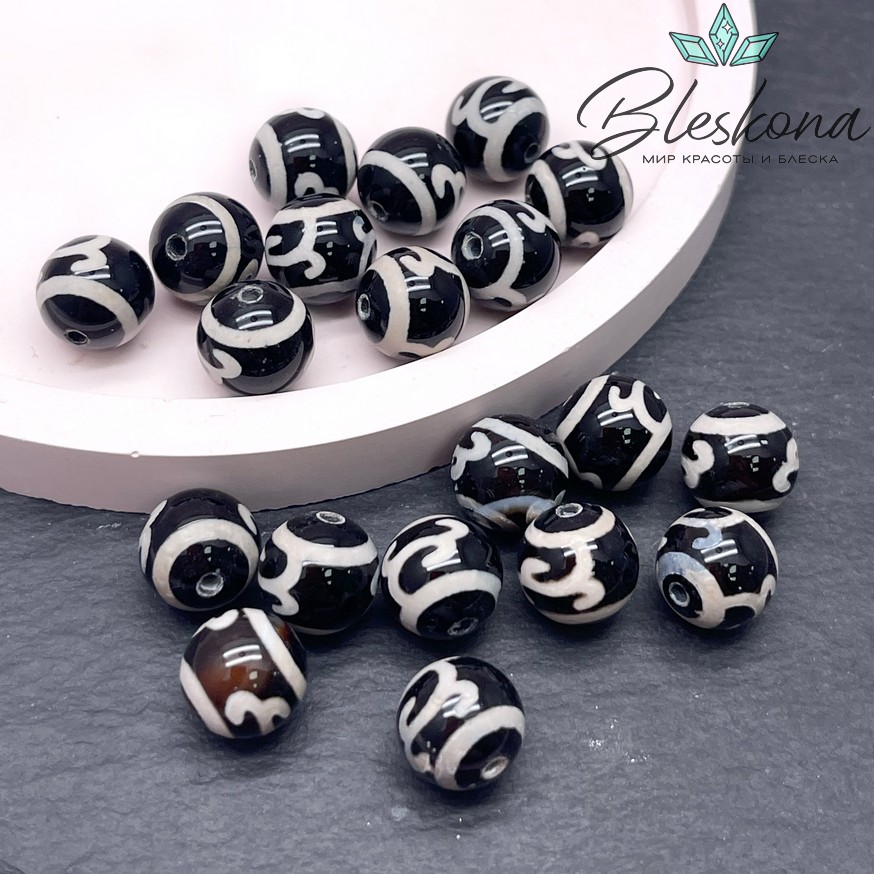 Бусина Дзи Зеленая тара черно-белый шар 10 мм уп.10 шт