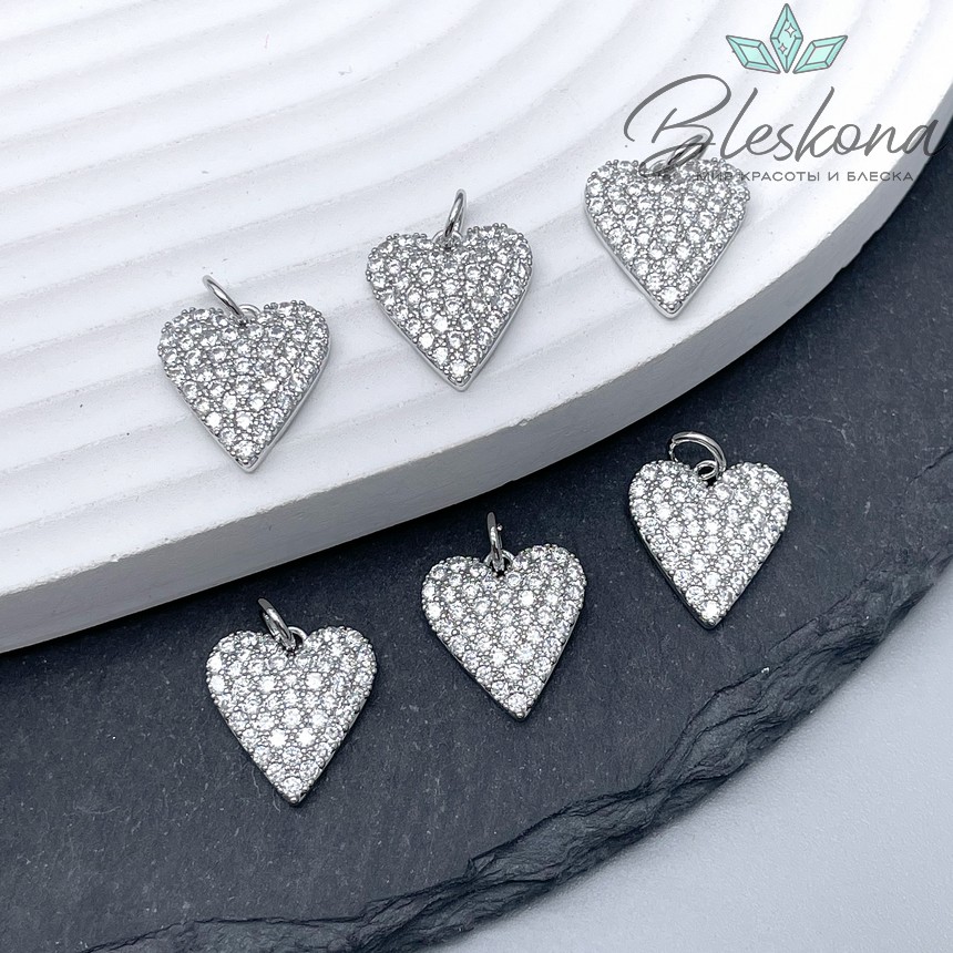 14*13 мм Цвет серебро, Подвеска сердце с цирконами