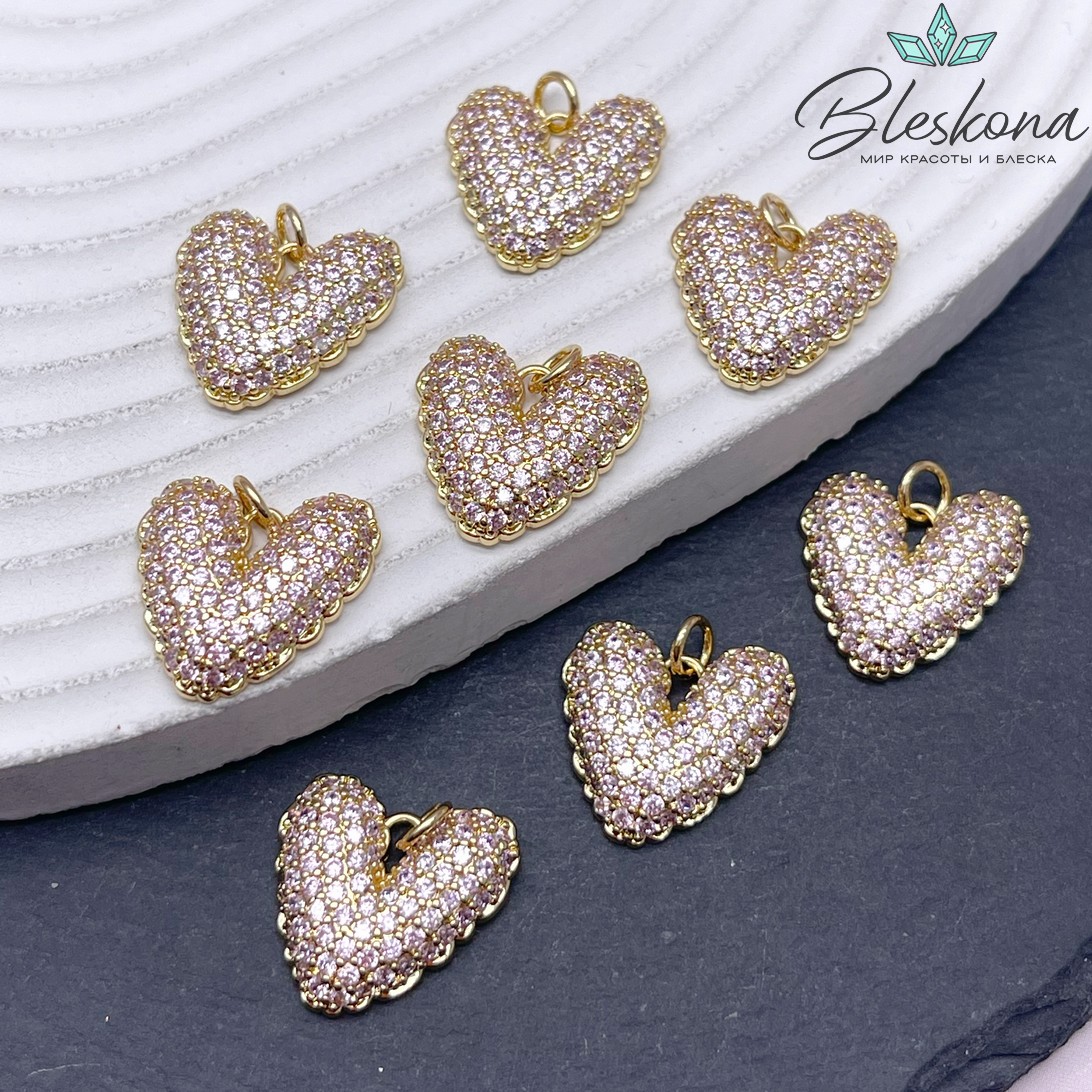 18*17 мм Цвет золото, Подвеска сердце розовые цирконы 