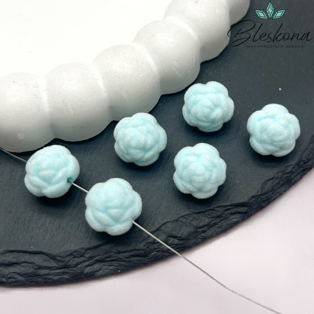 12мм Бархатная бусина Цветок - Роза, Цвет голубой