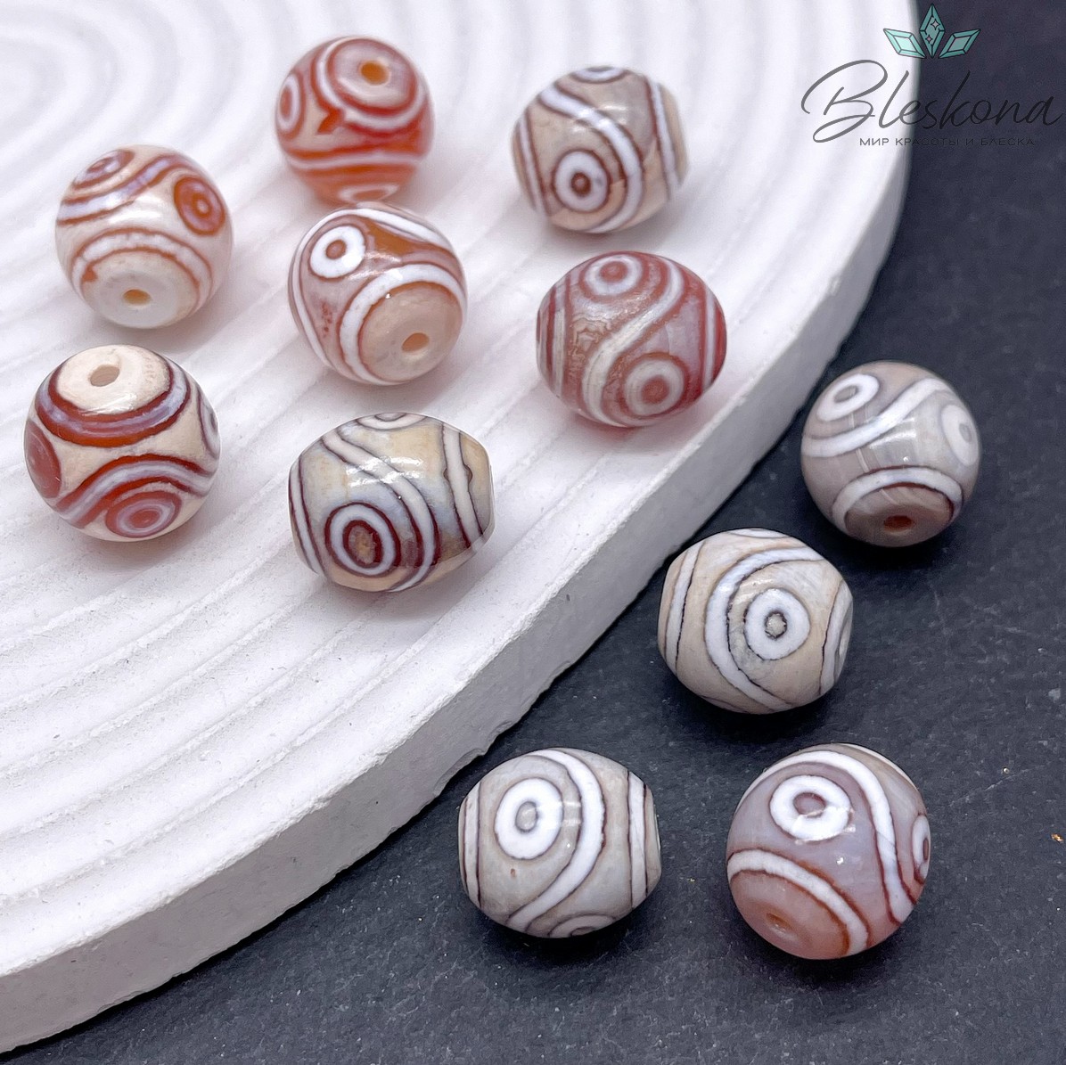 Бусина Дзи 4 глаза серо-коричневый бочонок 14*14 мм