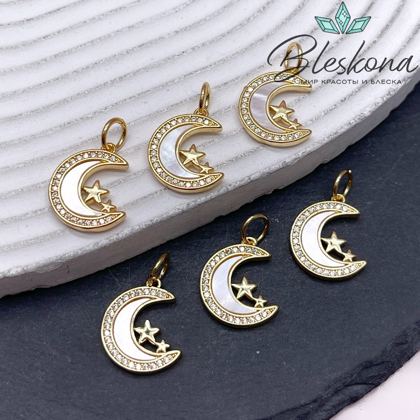 16,5*14 мм Цвет золото, Подвеска полумесяц со звездой перламутр и цирконы