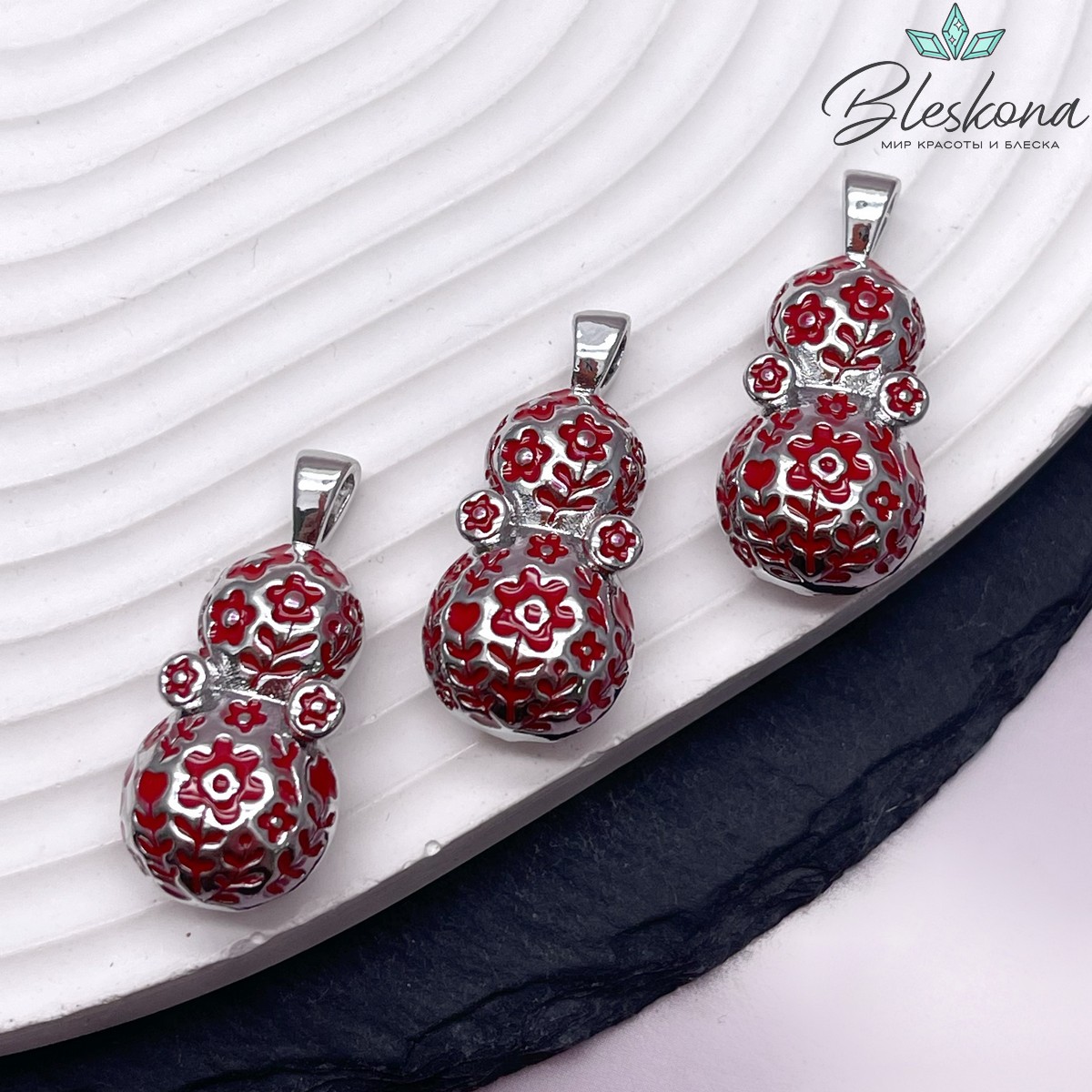 29,5*13,5 мм Цвет серебро, Подвеска Неваляшка цветочки красная эмаль