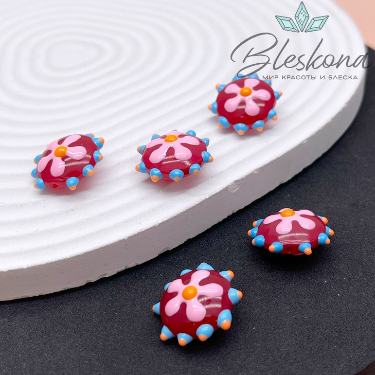 20 мм Бусина округлая бордовая розовый цветок