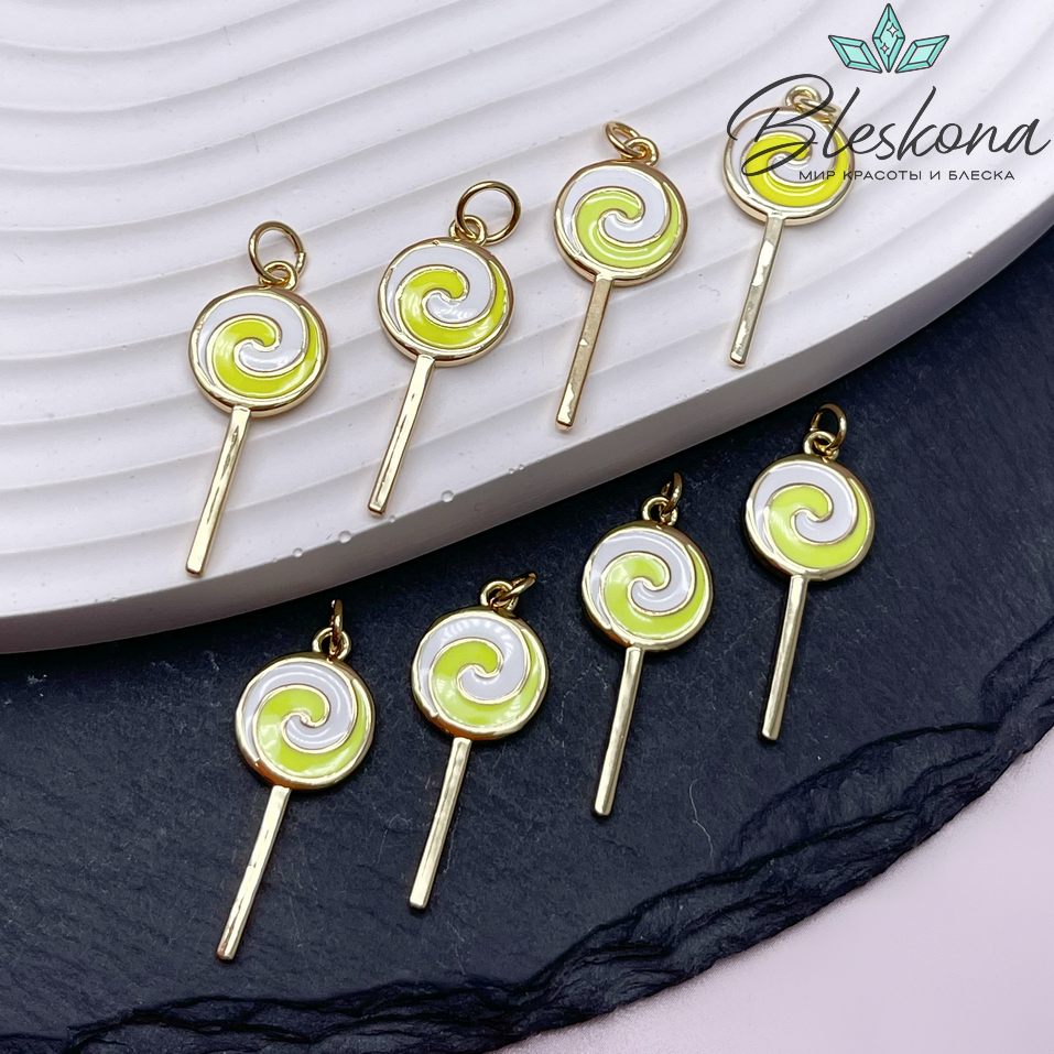 25*10 мм Цвет золото, Подвеска леденец салатово-белая эмаль