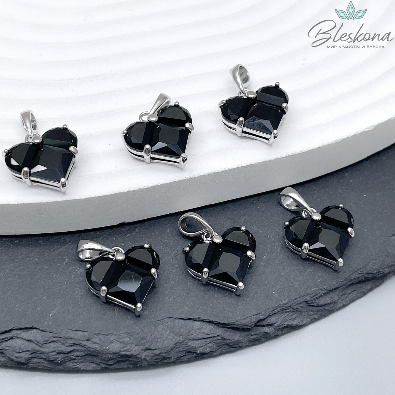 14*14 мм Цвет серебро, Подвеска Сердце черные цирконы