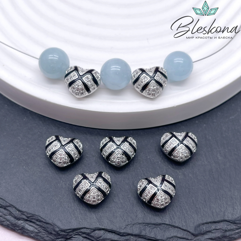 10,5*12 мм Цвет серебро, Бусина сердце цирконы черная эмаль