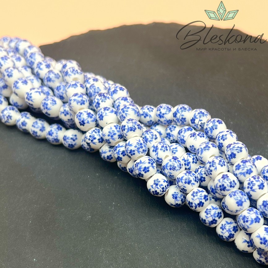 8 мм Керамика Бусина роспись гжель №2