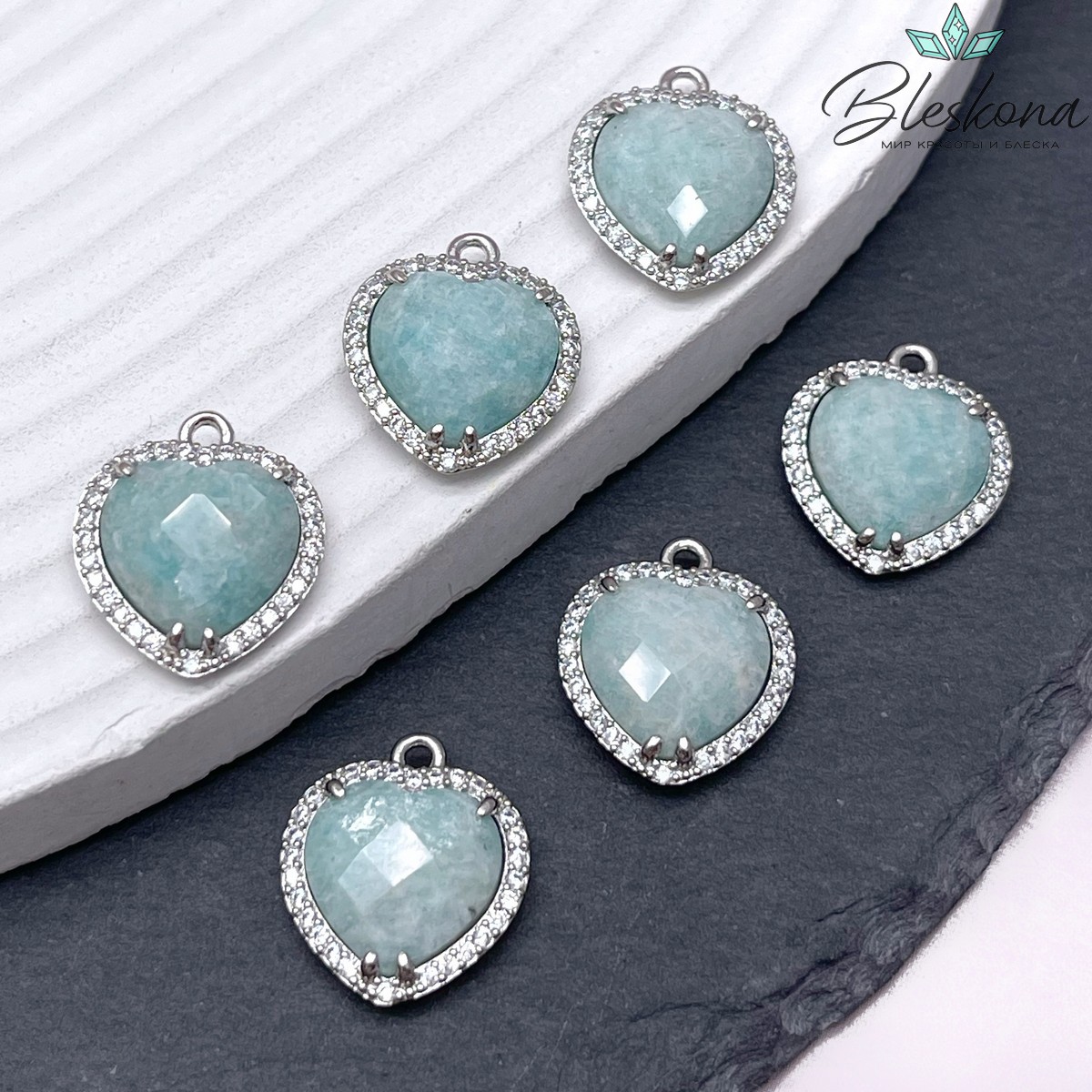 16*18мм ,цвет серебро, Подвеска Сердце в обрамлении Амазонит огранка