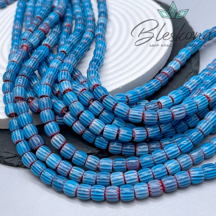 Муранское стекло бочата красно- голубые, полосы 7*8 мм