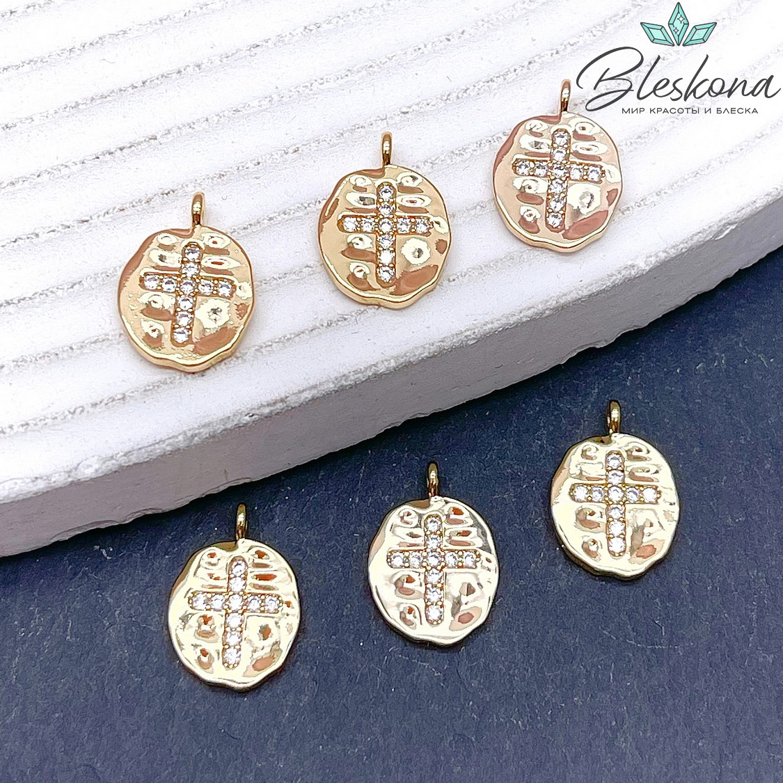 14*10 мм Цвет золото, Подвеска овал крест цирконы 