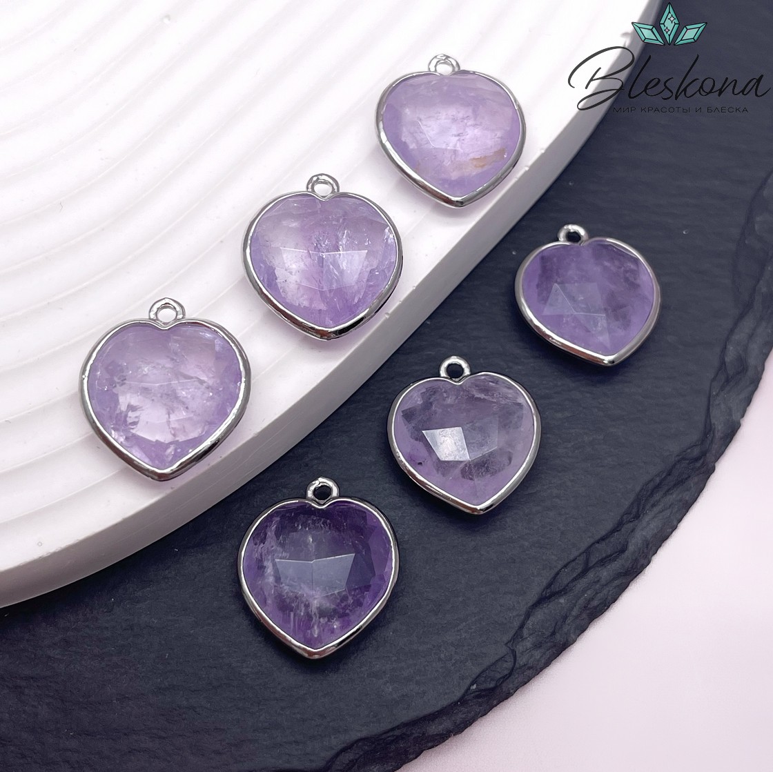 16,3*18,7мм,Цвет серебро,Подвеска Сердце Лавандовый Аметист огранка
