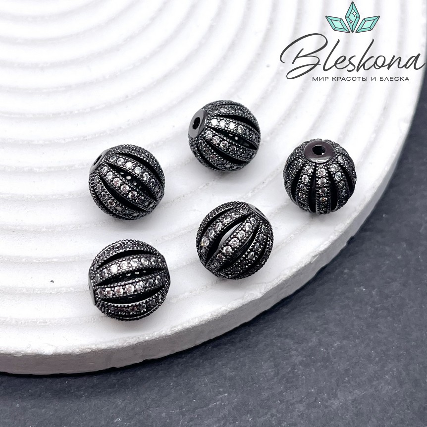 12 мм Бусина Арбуз с цирконами, цвет черный 