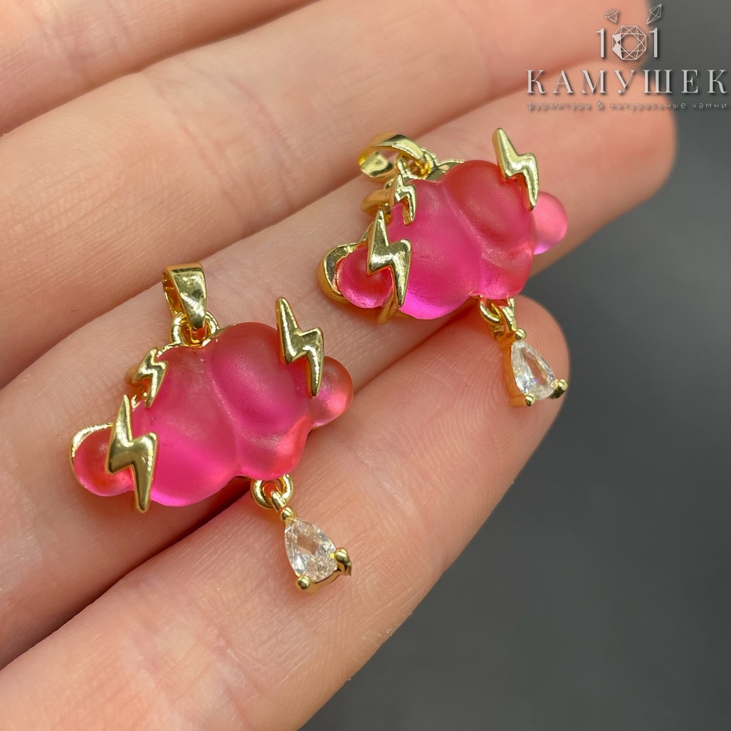 19,5*13мм, Цвет золото, Подвеска Облако матовое ярко-розовое стекло