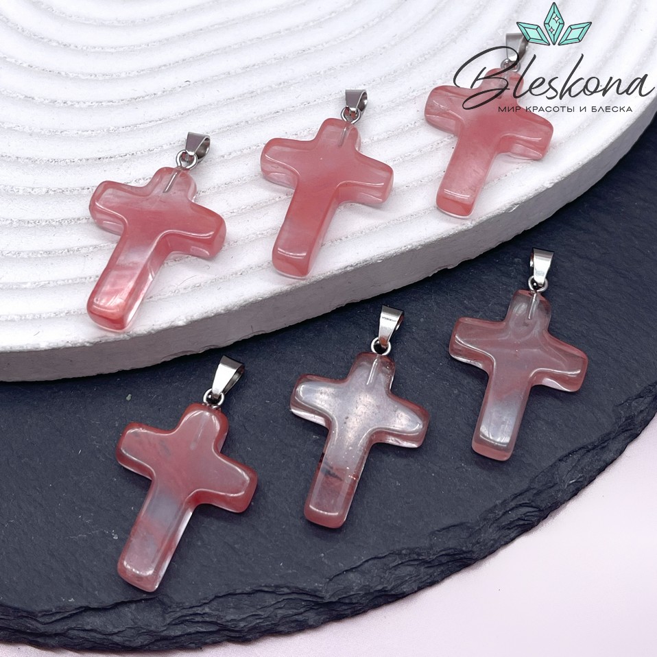 Подвеска крест Кварц вишневый, цвет серебро 22*14 мм