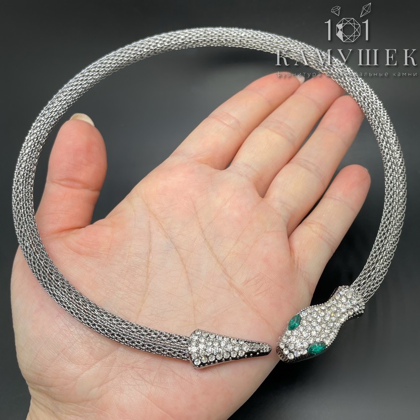 14 cм Цвет темное серебро, Основа-чокер Змея кольчуга глаза зеленые цирконы