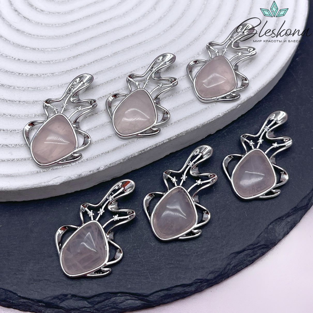 35*22 мм Цвет серебро, Подвеска Розовый кварц с цирконами