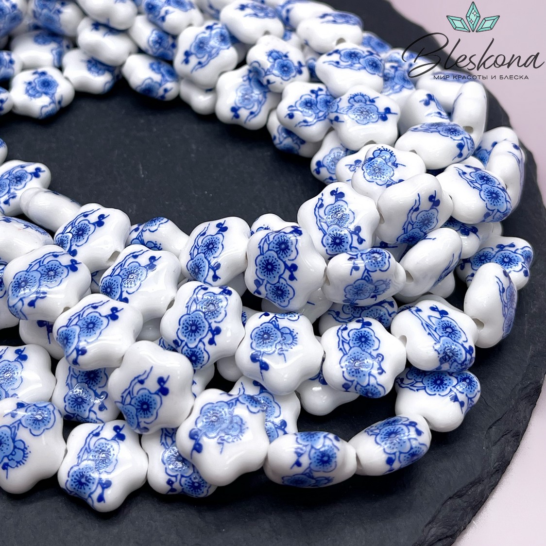 14,5*14 мм Керамика Бусина цветок роспись гжель №3