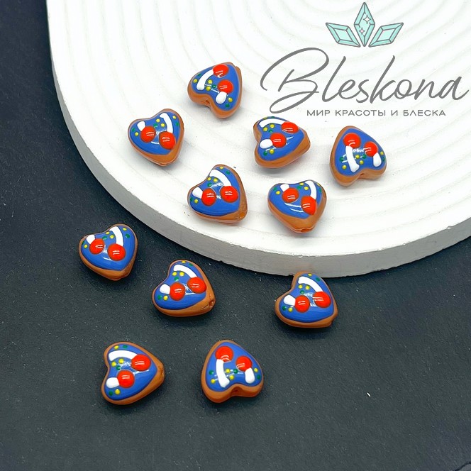 14 мм Бусина сердце коричневое с синим