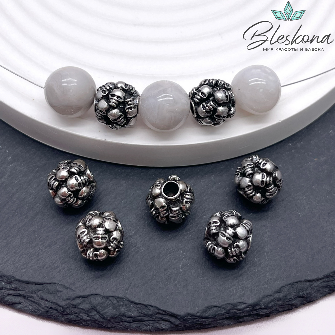 10 мм Цвет серебро, Бусина шар черепа