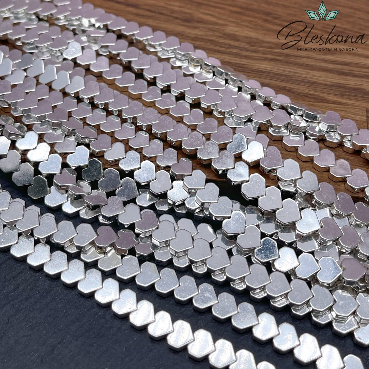 7*8мм Гематин имитация, светлое серебро, сердце углы