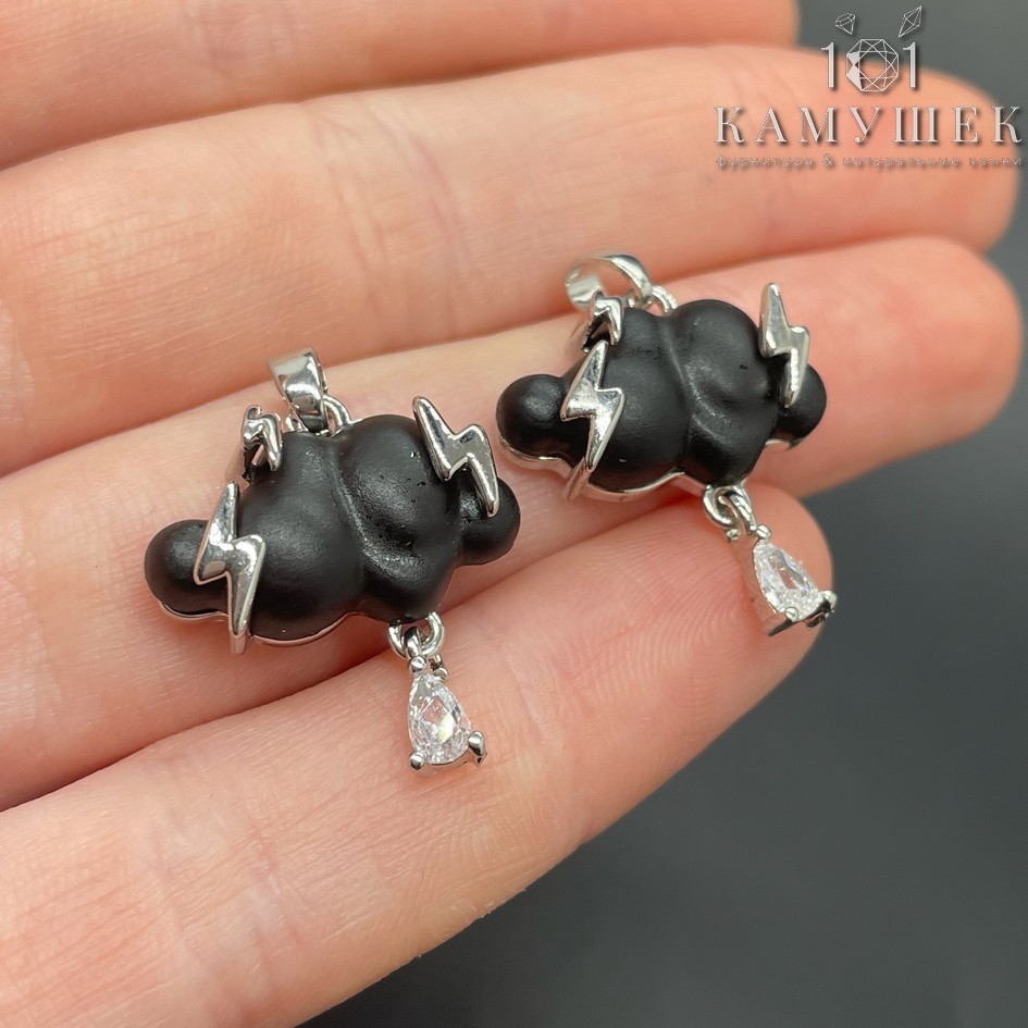 19,5*13мм, Цвет серебро, Подвеска Облако матовое черное стекло