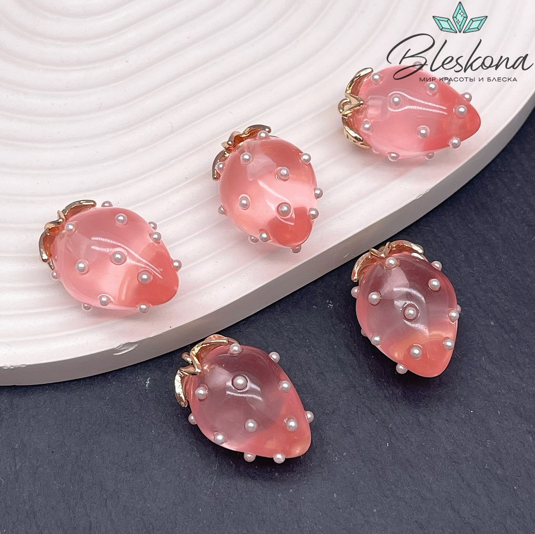 25*17 мм Цвет золото, Подвеска клубничка прозрачная розовая 