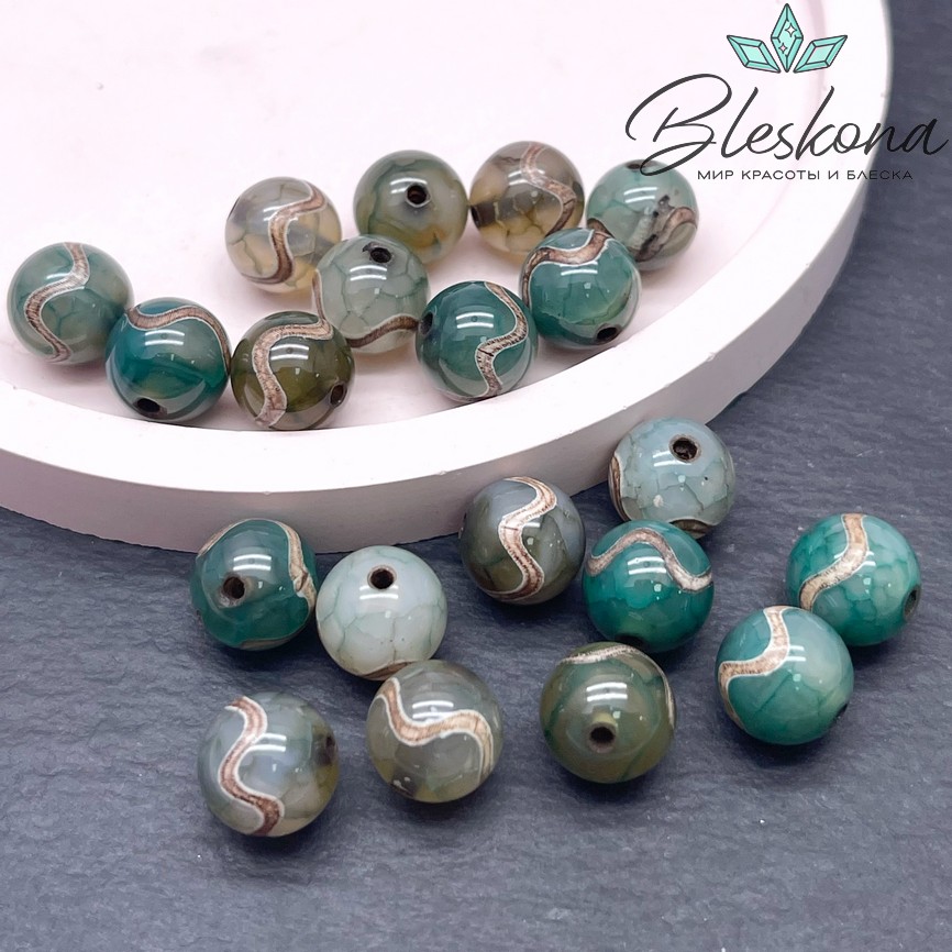 Бусина Дзи Волна зелено-коричневый шар №1 10 мм уп.10шт.