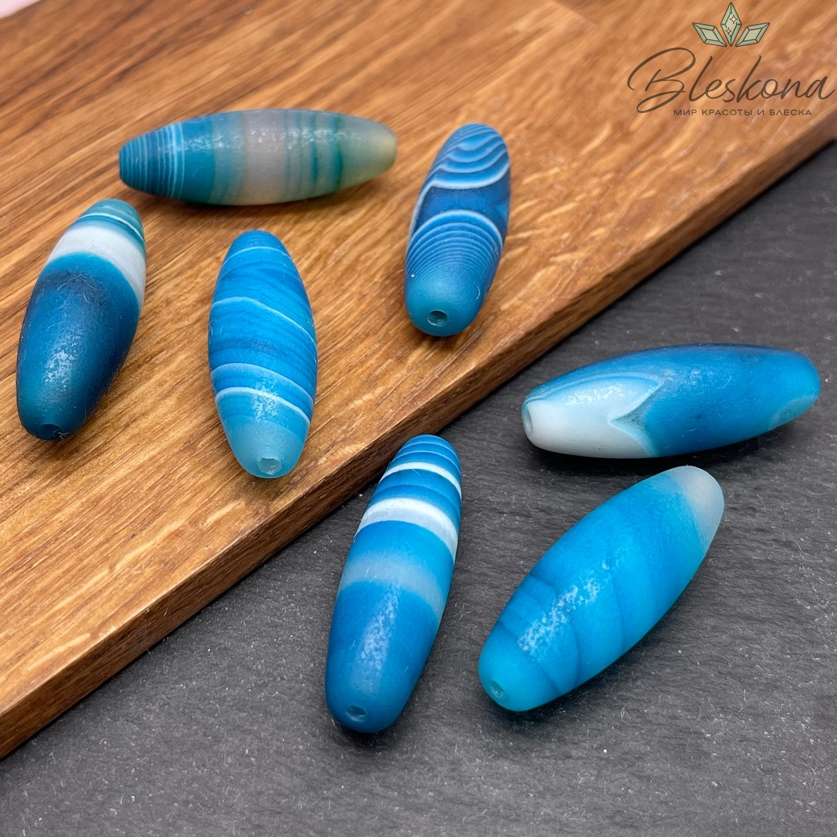 Дзи природные синие из агата 40*12 мм