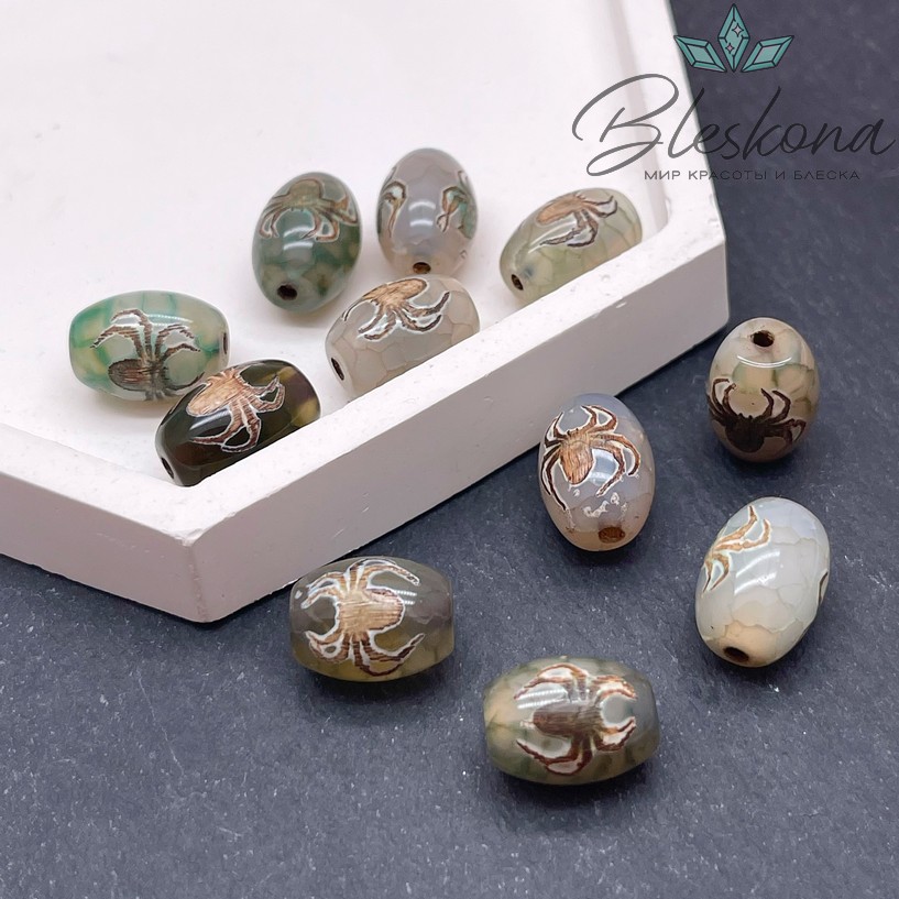 Бусина Дзи Паук и Сау зелено-коричневый бочонок 10*14 мм