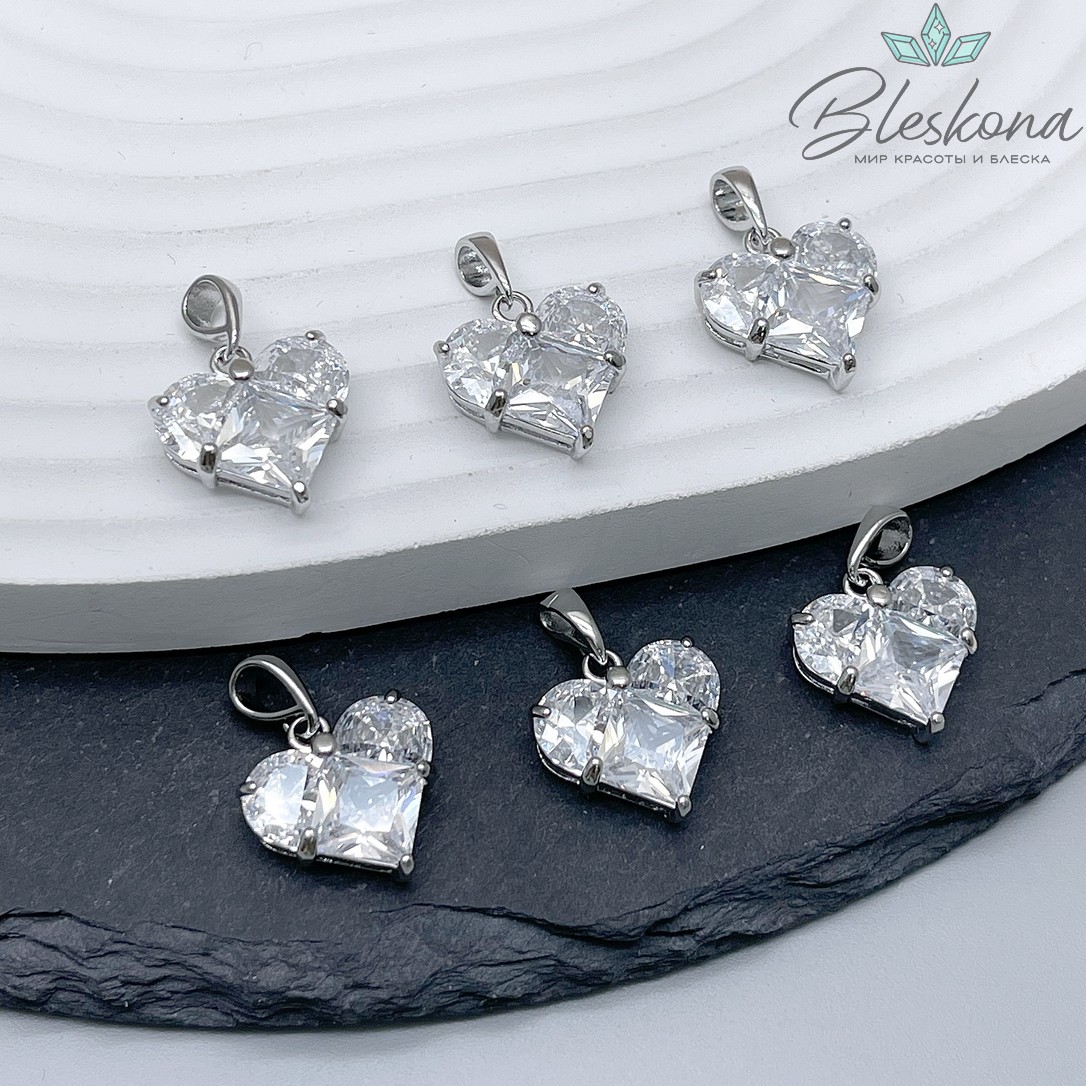 14,5*14 мм Цвет серебро, Подвеска Сердце цирконы 