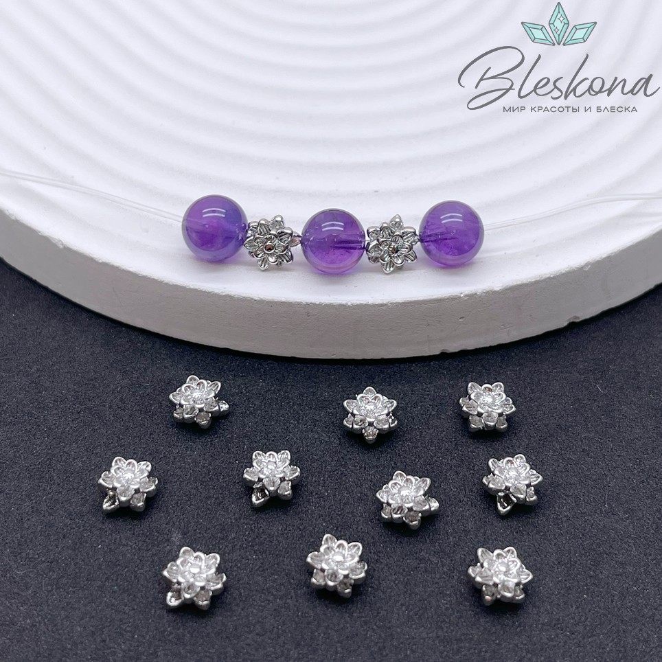 6 мм Цвет серебро, Бусина цветок