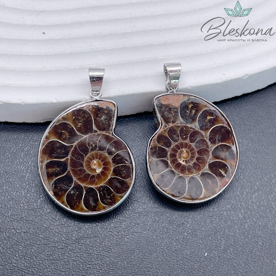 Парные подвески из Аммонита 25*33 мм, Цвет серебро