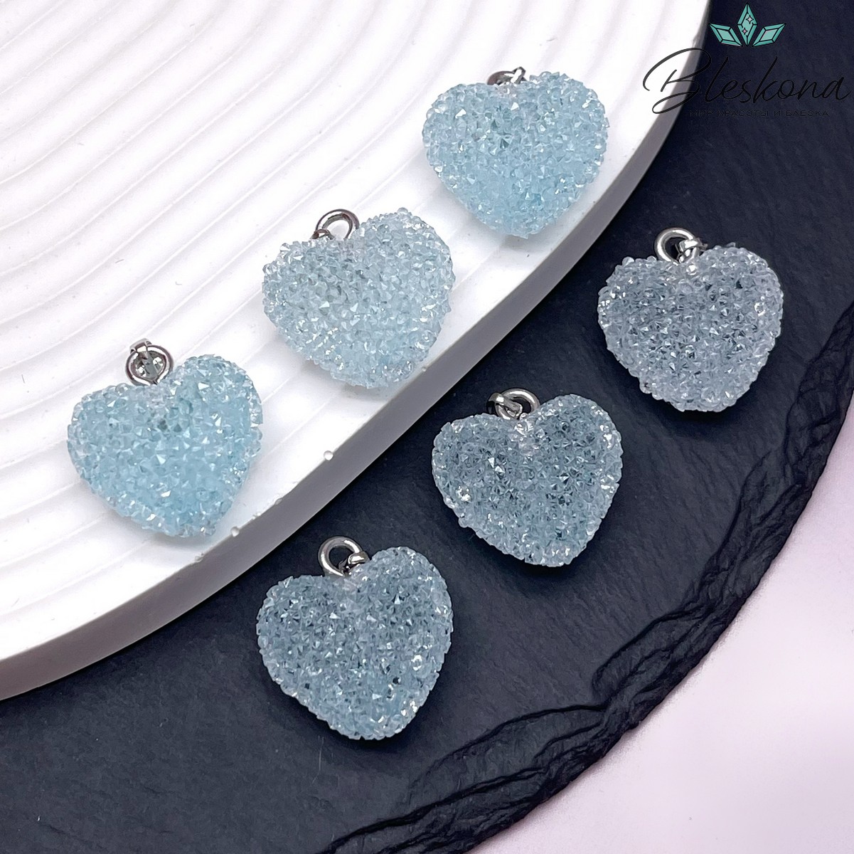 19*20 мм, Цвет серебро, Подвеска мармеладное сердце голубое