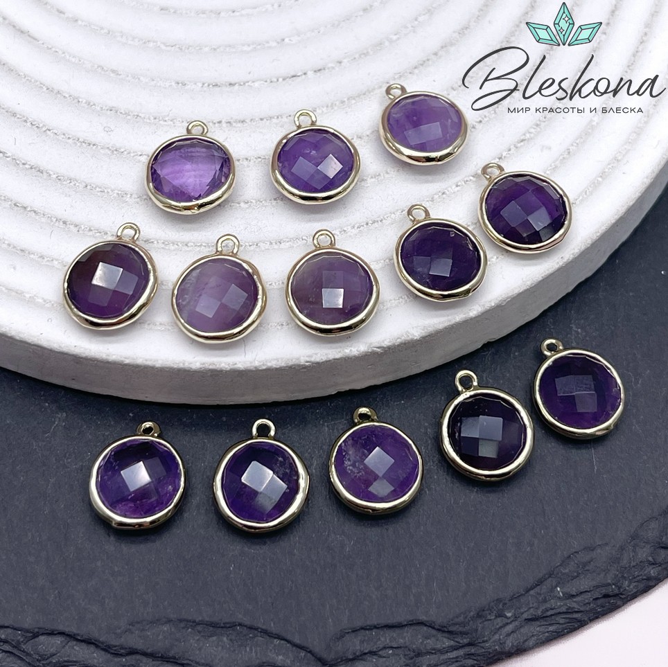 10,5мм, цвет золото ,Подвеска круг мини Аметист огранка