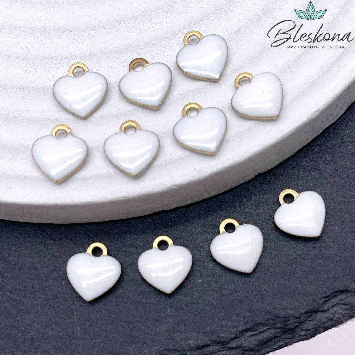 9*10мм, цвет золото, Подвеска сердце белая эмаль 