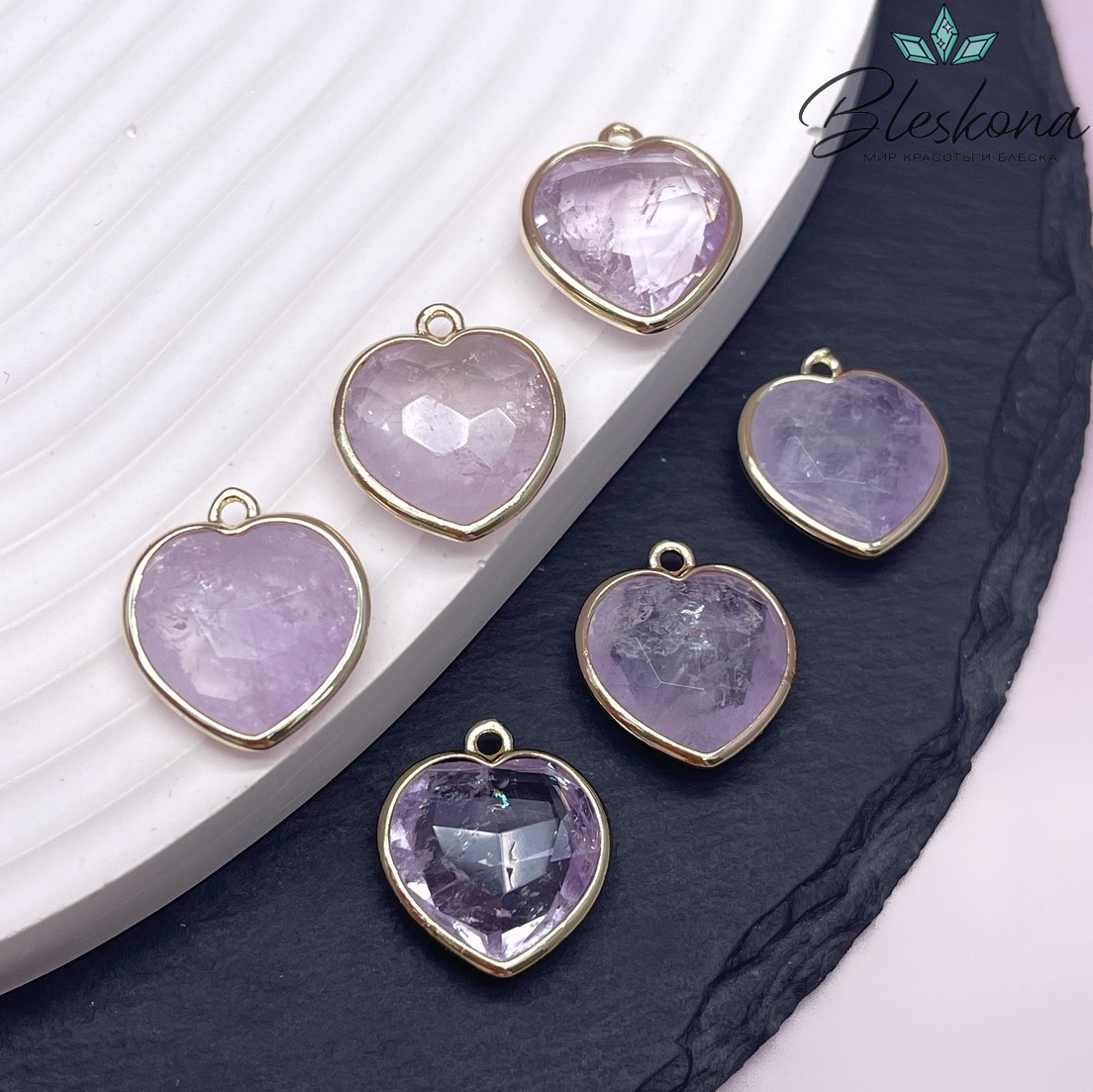 16,3*18,7мм,Цвет золото,Подвеска Сердце Лавандовый Аметист огранка