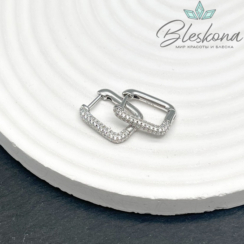 13*17,5 мм, Цвет серебро, Швензы Конго Прямоугольник с цирконами Люкс